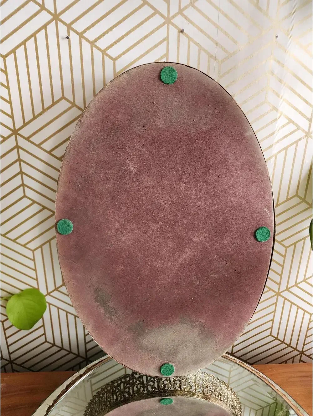 Large Hollywood Regency Style Brass Filigree & Glass Mirror Oval Vanity Tray